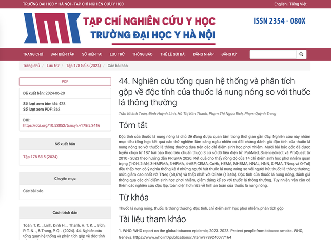 Trong nước đã có nghiên cứu về thuốc lá nung nóng, thuốc lá mới từ nhóm chuyên gia y học gia đình thuộc Trường Đại học Y Hà Nội, công bố trên tạp chí Nghiên cứu Y học tháng 7/2024, cung cấp những bằng chứng để các cơ quan chức năng xem xét