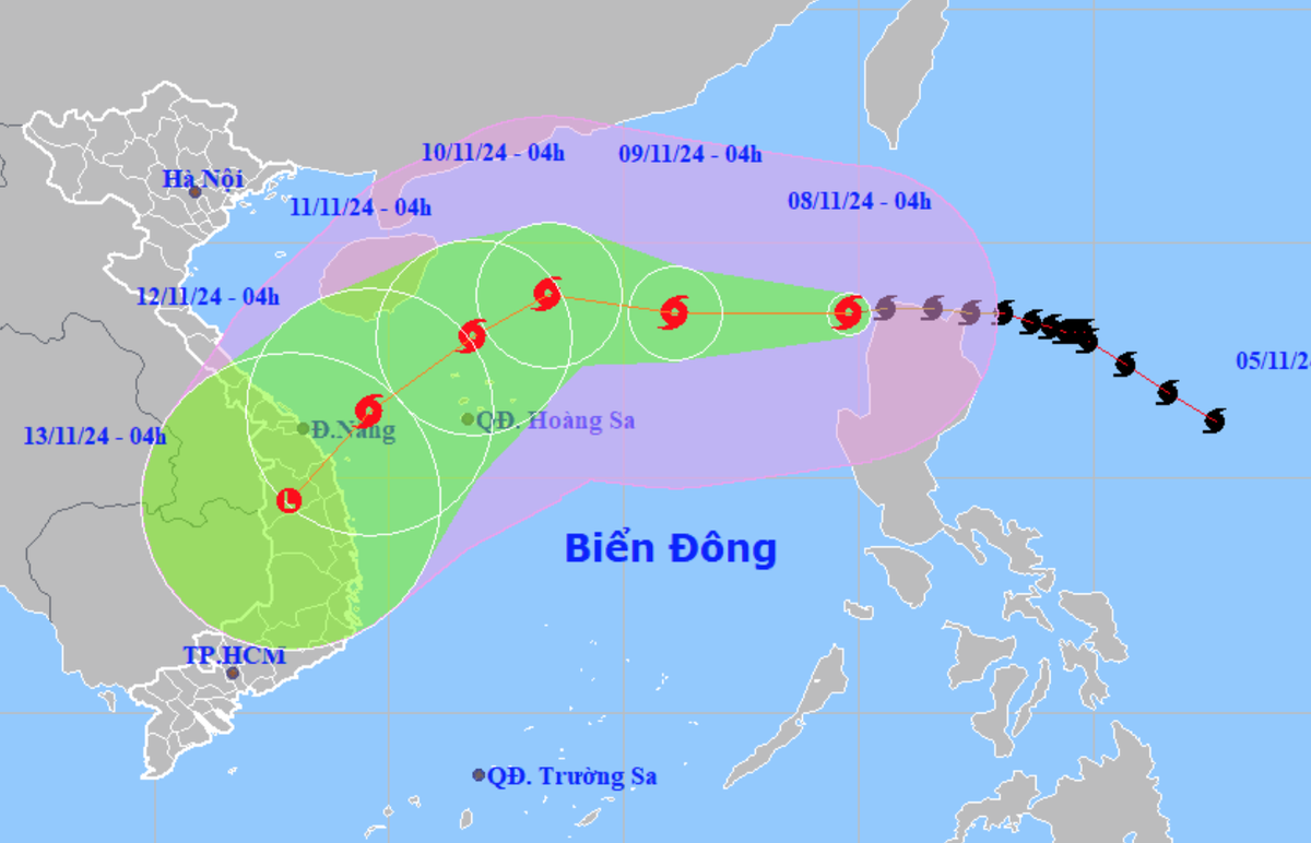 Dự báo vị trí và hướng di chuyển bão số 7 lúc 4h sáng 8-11 - Ảnh: NCHMF